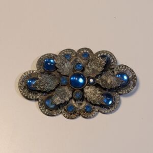 Vintage Blue Cobalt Glass Brooch Pin Victorian Revival Filigree Silver Tone 2.75